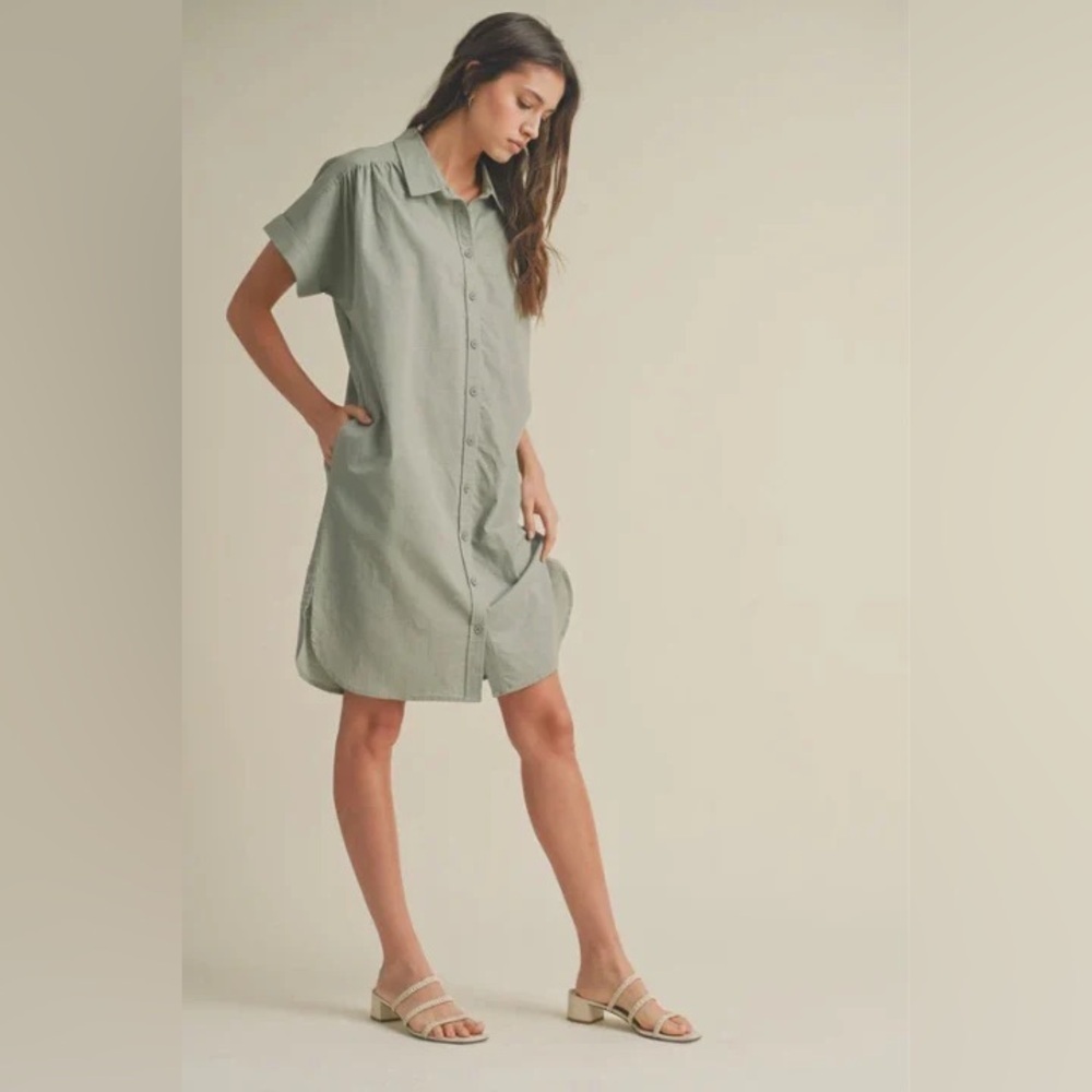 WISHLIST Part-Linen Light Olive Green Shirt Dress